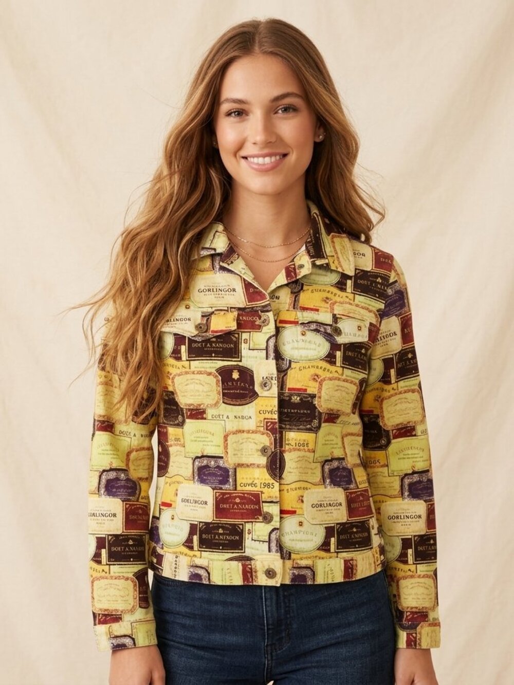 VTG Randy Kemper Champagne Wine Label Print Denim Style Jacket Size 10